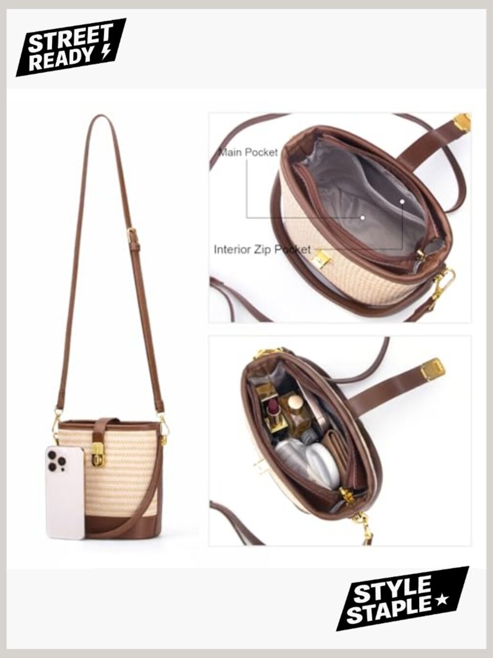 Natural Straw Crossbody Bag with Twist Lock, Woven Summer Handbag for Women - Picture 4 of 7